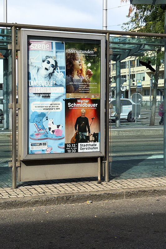 City-Light-Vitrine mit vier Plakaten an einer Straßenbahnhaltestelle